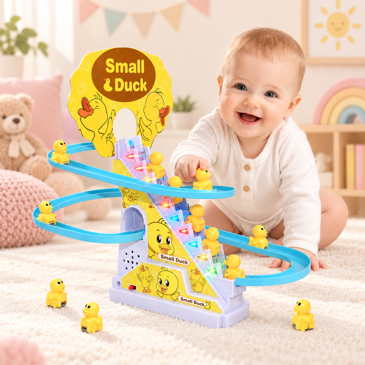 Electric Duck Stair-Climbing Track Toy with Lights & Music